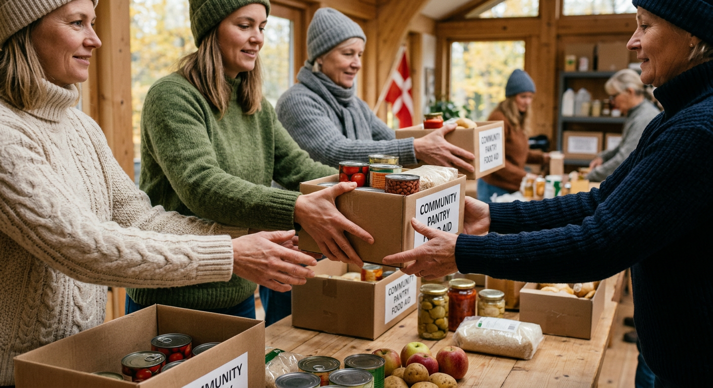 Volunteers passing boxes of food and supplies