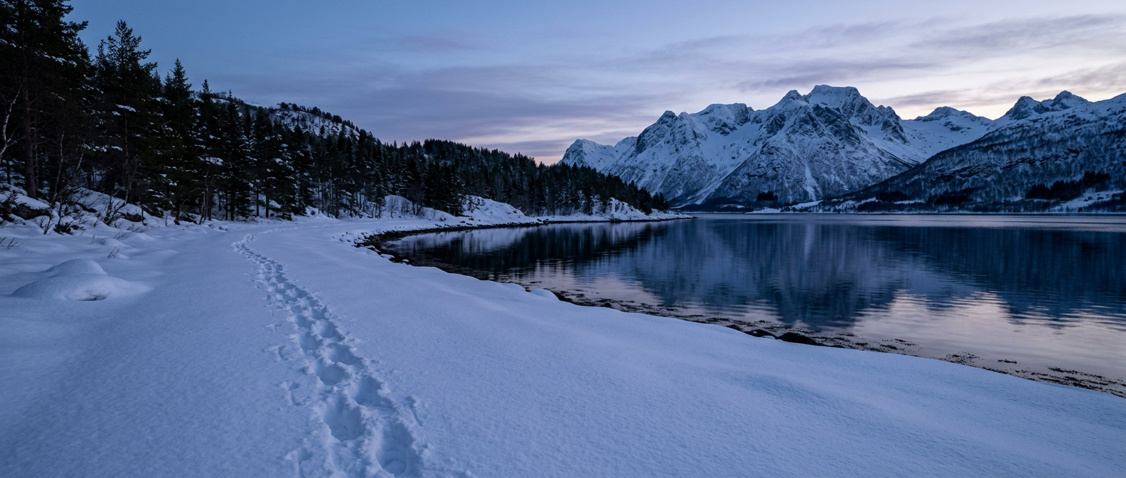 A trail of footprints in fresh snow along a quiet Norwegian fjord