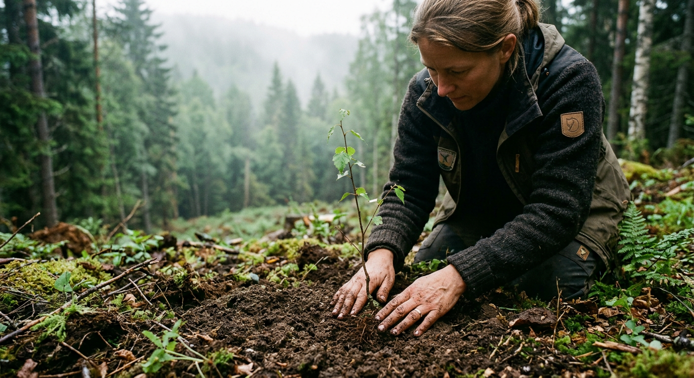 Hands planting a young birch seedling in a forest